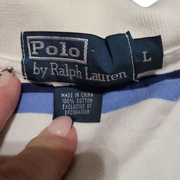 Mens Blue & Cream Stripe Polo Shirt - Picture 3 of 5